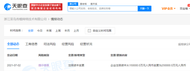 浙江菜鳥傳橙網(wǎng)絡(luò)技術(shù)注冊資本增至25億元，加速布局計(jì)算機(jī)軟硬件及外圍設(shè)備制造